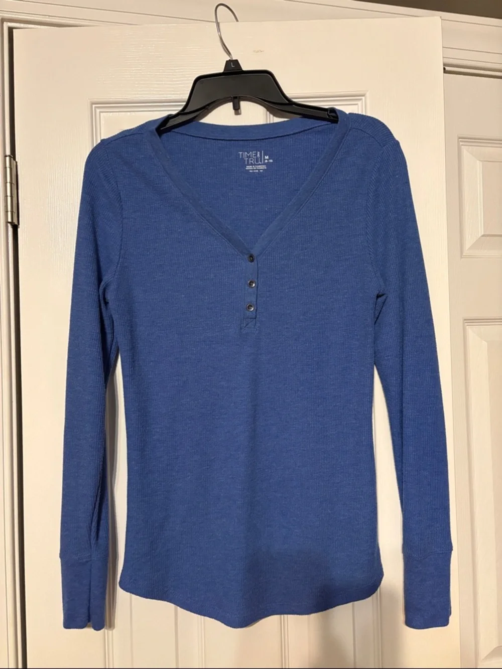 Time and Tru Blue Long-Sleeve Henley Top with Button Placket - Picture 1 of 2